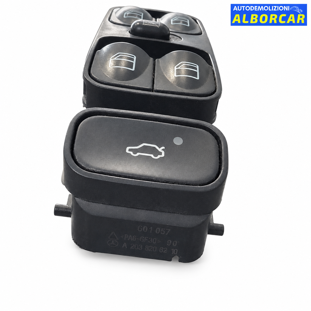 Pulsantiera alzavetro anteriore sinistra Mercedes CLK su sfondo bianco con logo Alborcar, retro con codice