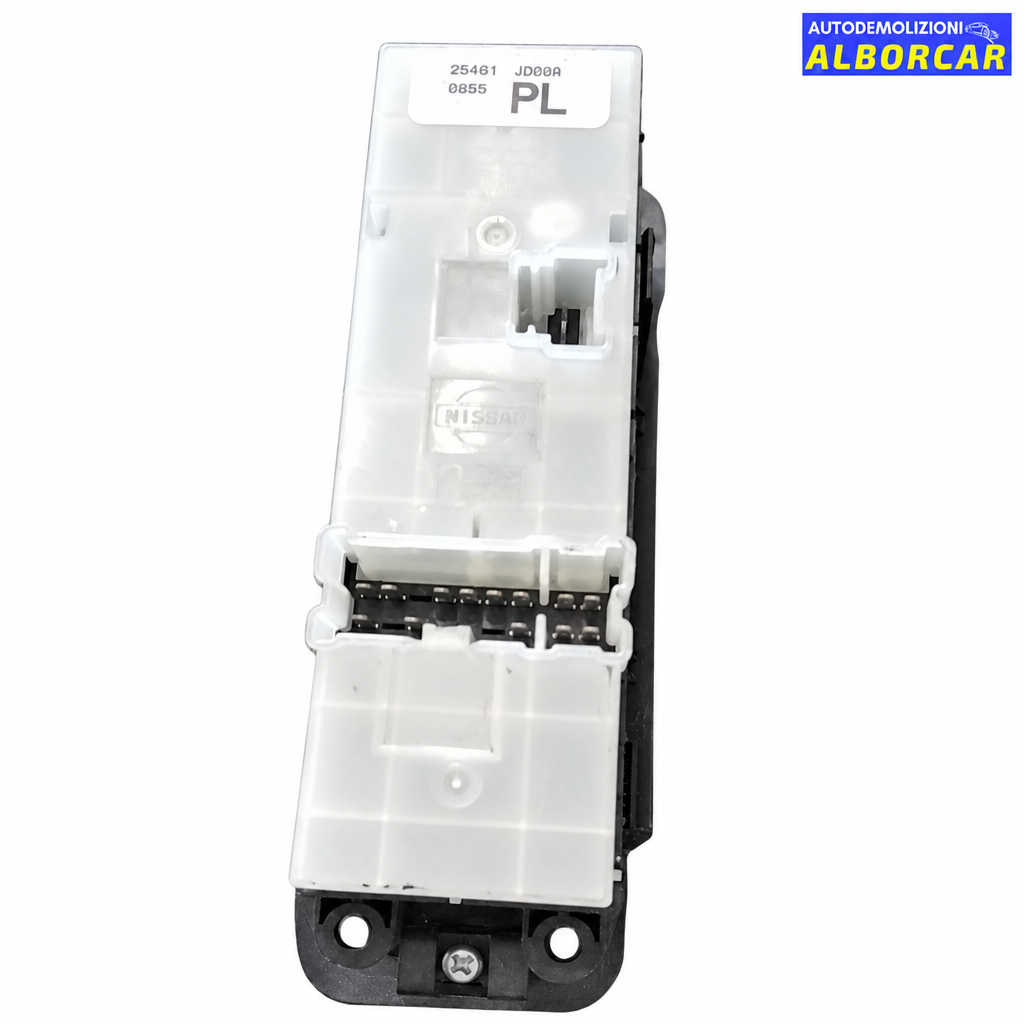Pulsantiera alzavetro anteriore sinistra Nissan Qashqai su sfondo bianco con logo Alborcar, retro con codice